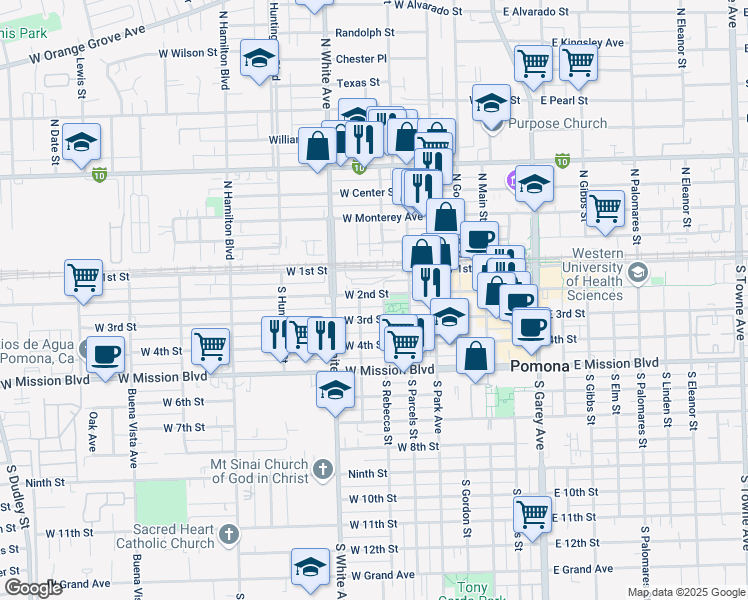 map of restaurants, bars, coffee shops, grocery stores, and more near 784 West 2nd Street in Pomona
