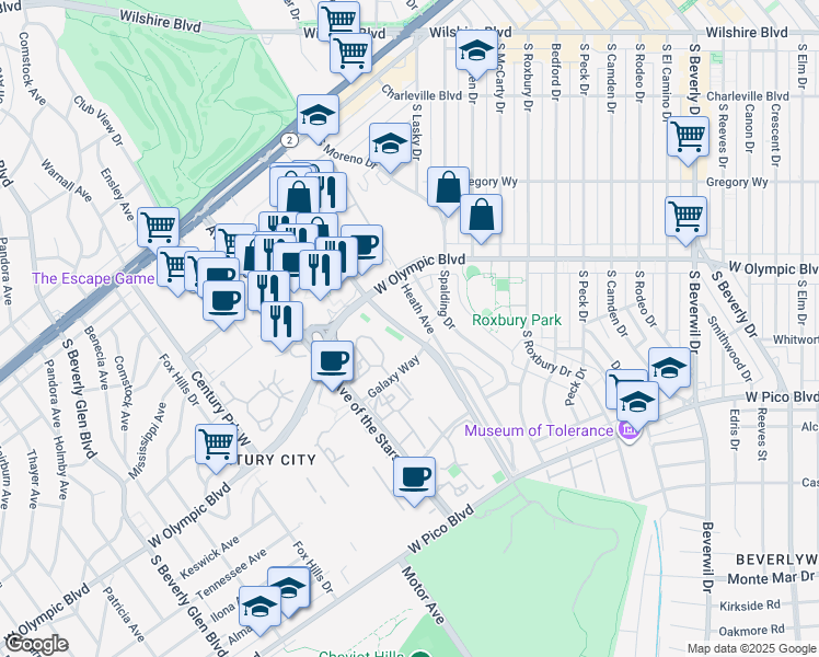 map of restaurants, bars, coffee shops, grocery stores, and more near 2170 Century Park East in Los Angeles
