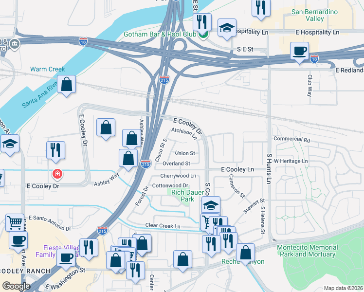 map of restaurants, bars, coffee shops, grocery stores, and more near 1896 Topeka Way in Colton