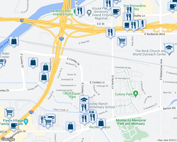 map of restaurants, bars, coffee shops, grocery stores, and more near 815 Pepperwood Street in Colton