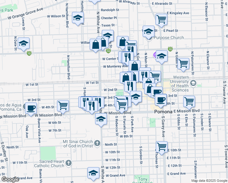 map of restaurants, bars, coffee shops, grocery stores, and more near 784 West 2nd Street in Pomona