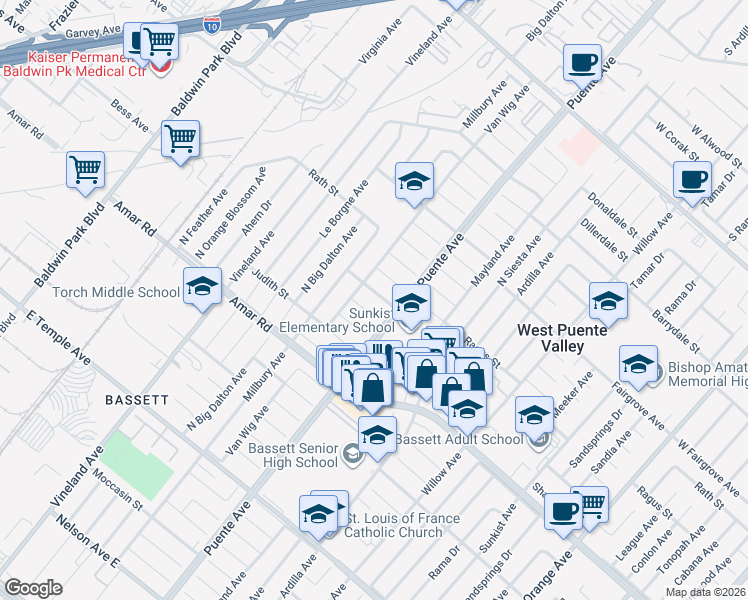 map of restaurants, bars, coffee shops, grocery stores, and more near 13748 Sauder Street in La Puente