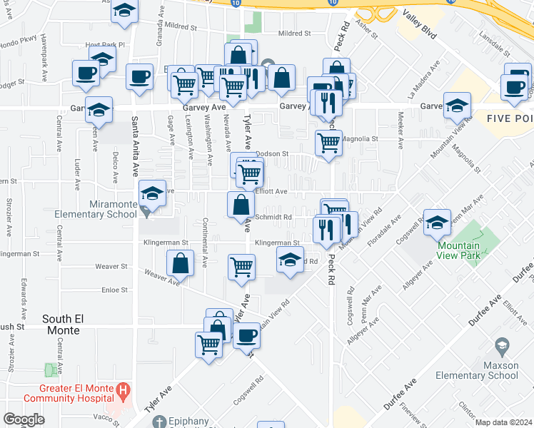 map of restaurants, bars, coffee shops, grocery stores, and more near 11029 Schmidt Road in El Monte
