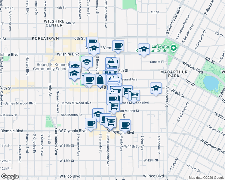 map of restaurants, bars, coffee shops, grocery stores, and more near 801 South Vermont Avenue in Los Angeles