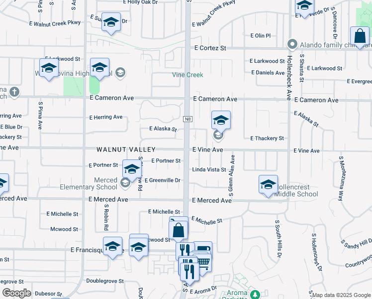 map of restaurants, bars, coffee shops, grocery stores, and more near S Azusa Ave & E Vine Ave in West Covina