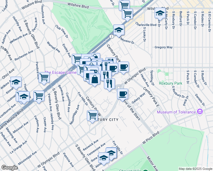 map of restaurants, bars, coffee shops, grocery stores, and more near 2025 Avenue of the Stars in Los Angeles