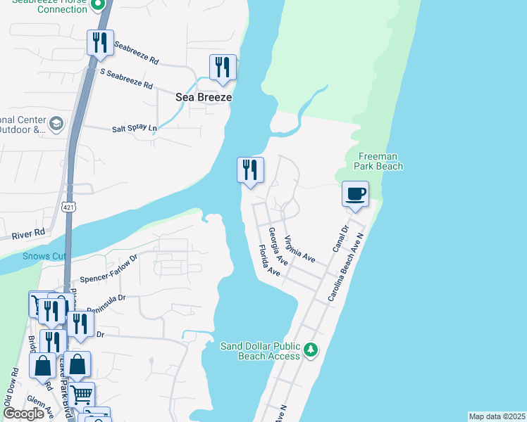 map of restaurants, bars, coffee shops, grocery stores, and more near 307 Georgia Avenue in Carolina Beach