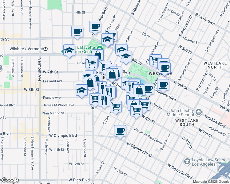 map of restaurants, bars, coffee shops, grocery stores, and more near 724 South Carondelet Street in Los Angeles