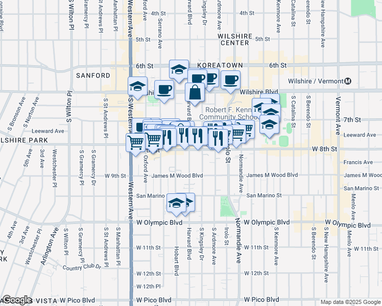 map of restaurants, bars, coffee shops, grocery stores, and more near 800 South Harvard Boulevard in Los Angeles