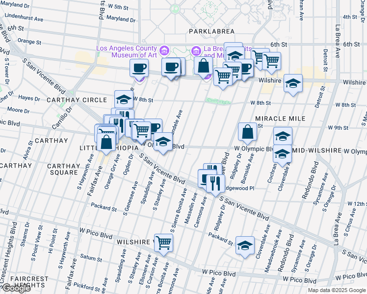 map of restaurants, bars, coffee shops, grocery stores, and more near 5831 West Olympic Boulevard in Los Angeles