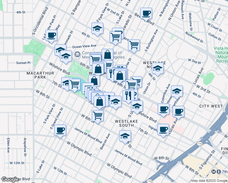 map of restaurants, bars, coffee shops, grocery stores, and more near 631 South Bonnie Brae Street in Los Angeles