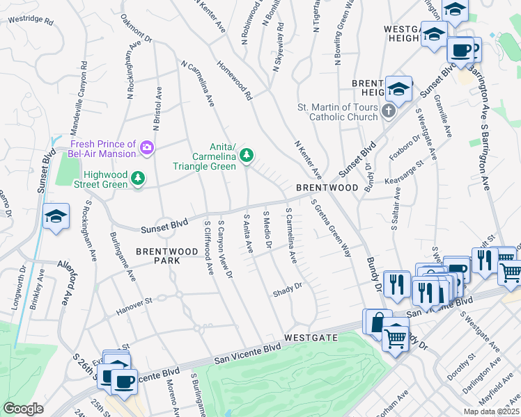 map of restaurants, bars, coffee shops, grocery stores, and more near 12510 West Sunset Boulevard in Los Angeles