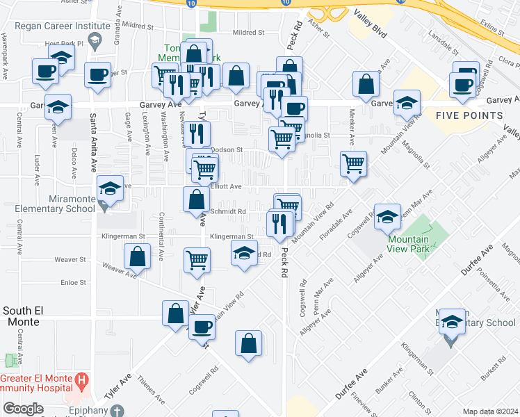 map of restaurants, bars, coffee shops, grocery stores, and more near 11195 Schmidt Rd in El Monte