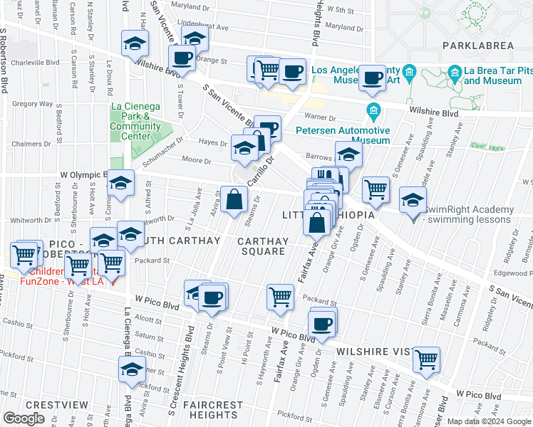 map of restaurants, bars, coffee shops, grocery stores, and more near 1039 South Point View Street in Los Angeles