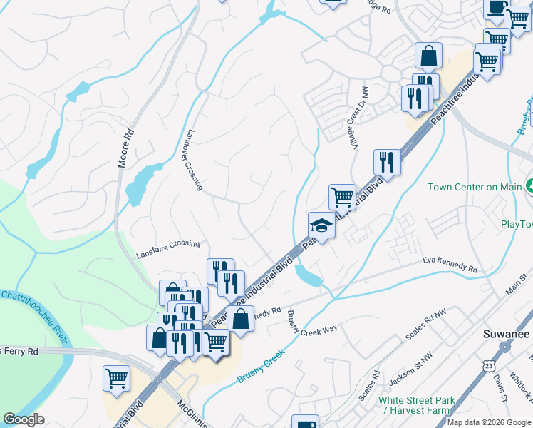map of restaurants, bars, coffee shops, grocery stores, and more near 805 Yosemite Drive Northwest in Suwanee