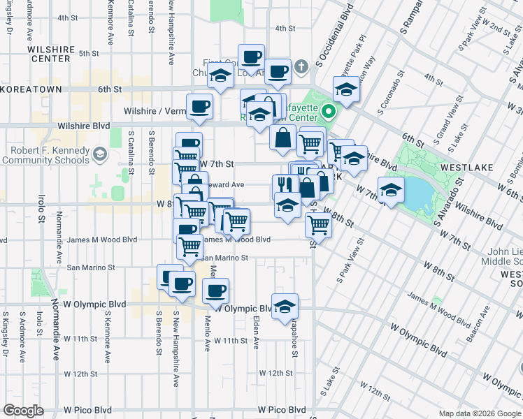 map of restaurants, bars, coffee shops, grocery stores, and more near 2802 West 8th Street in Los Angeles