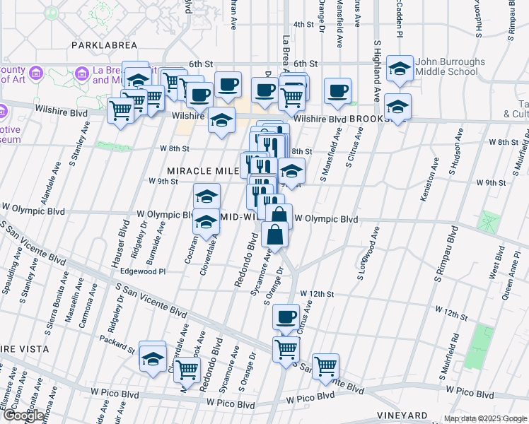 map of restaurants, bars, coffee shops, grocery stores, and more near 5273 West Olympic Boulevard in Los Angeles