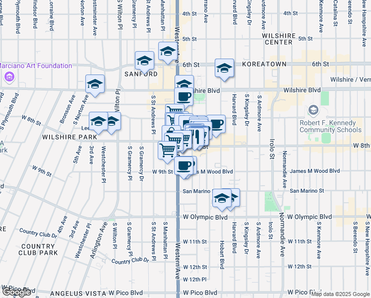 map of restaurants, bars, coffee shops, grocery stores, and more near 3550 West 8th Street in Los Angeles