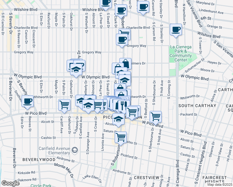 map of restaurants, bars, coffee shops, grocery stores, and more near 466a South Clark Drive in Beverly Hills