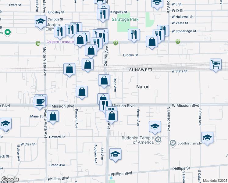 map of restaurants, bars, coffee shops, grocery stores, and more near 10836 Rose Avenue in Ontario