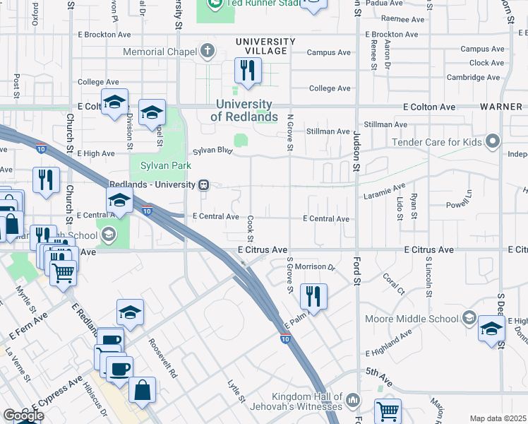 map of restaurants, bars, coffee shops, grocery stores, and more near 1207 East Central Avenue in Redlands