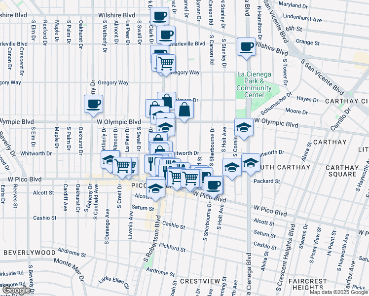 map of restaurants, bars, coffee shops, grocery stores, and more near 1059 South Shenandoah Street in Los Angeles