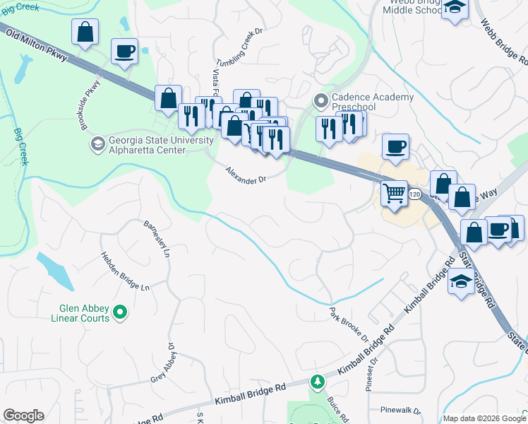 map of restaurants, bars, coffee shops, grocery stores, and more near 2030 Brooke Forest Ct in Alpharetta
