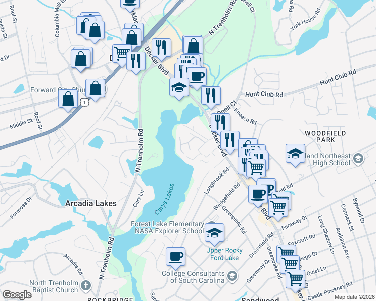 map of restaurants, bars, coffee shops, grocery stores, and more near 6905 Cleaton Drive in Columbia