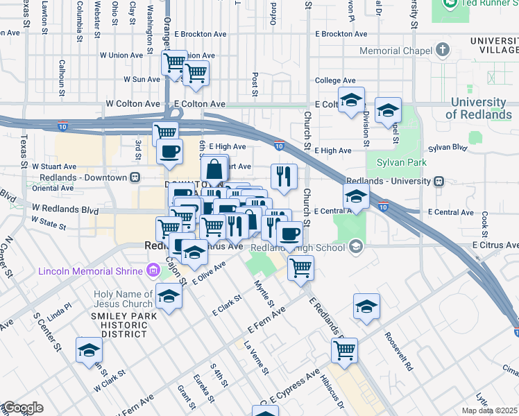 map of restaurants, bars, coffee shops, grocery stores, and more near 509 East Central Avenue in Redlands