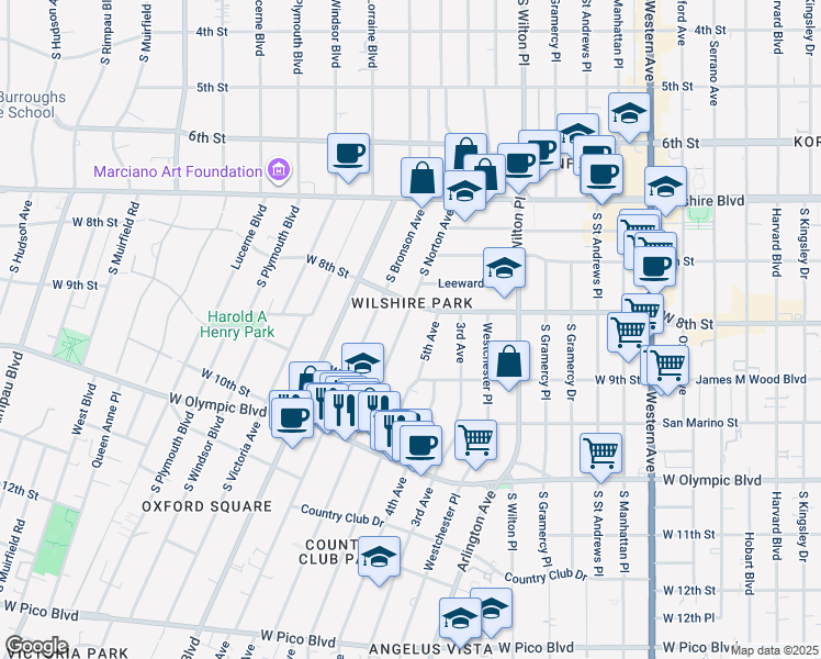 map of restaurants, bars, coffee shops, grocery stores, and more near 824 South Norton Avenue in Los Angeles