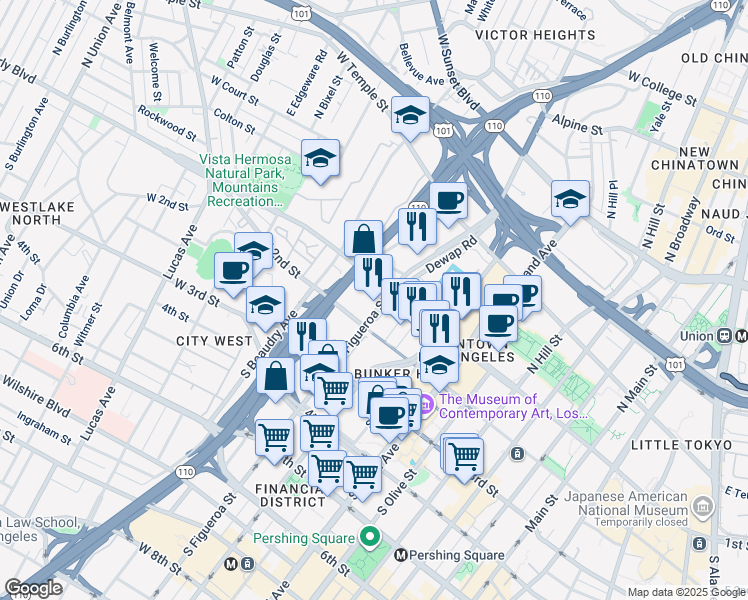 map of restaurants, bars, coffee shops, grocery stores, and more near 123 South Figueroa Street in Los Angeles