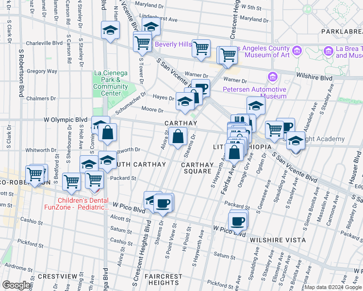 map of restaurants, bars, coffee shops, grocery stores, and more near 1042 South Crescent Heights Boulevard in Los Angeles