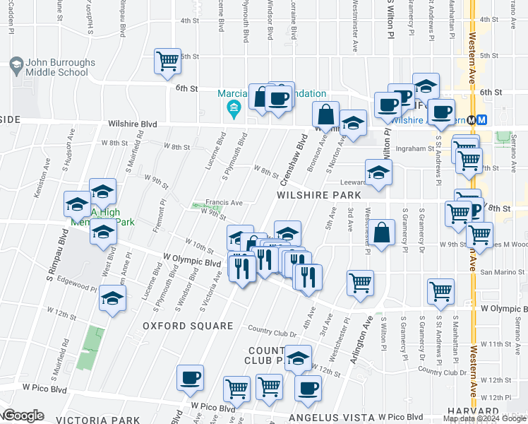 map of restaurants, bars, coffee shops, grocery stores, and more near 871 Crenshaw Boulevard in Los Angeles