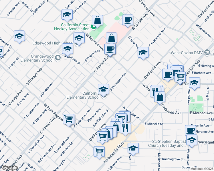 map of restaurants, bars, coffee shops, grocery stores, and more near 1340 South Broadmoor Avenue in West Covina