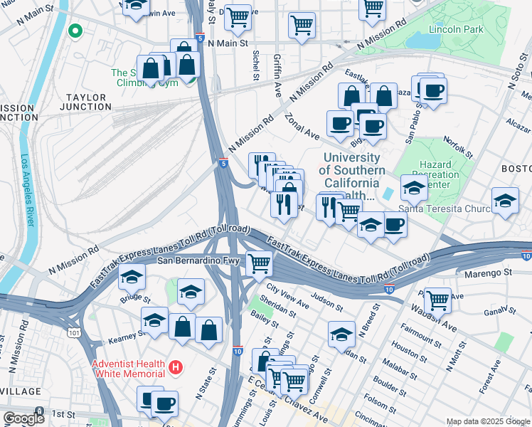 map of restaurants, bars, coffee shops, grocery stores, and more near 1008 Mark Street in Los Angeles