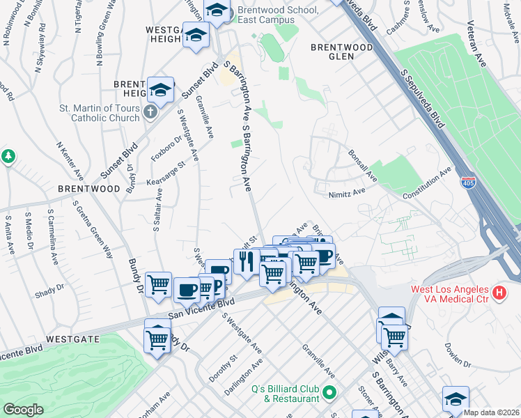 map of restaurants, bars, coffee shops, grocery stores, and more near 622 South Barrington Avenue in Los Angeles