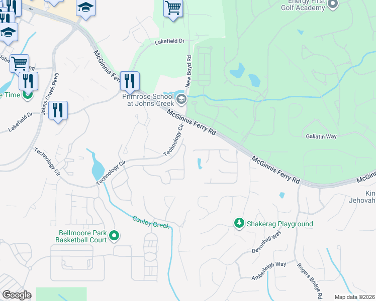 map of restaurants, bars, coffee shops, grocery stores, and more near 7067 Walham Grove in Johns Creek