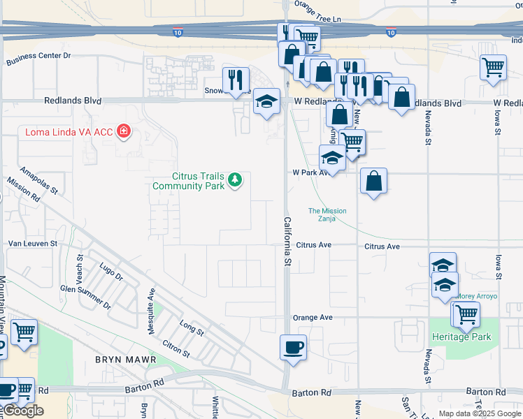map of restaurants, bars, coffee shops, grocery stores, and more near 10815 Heirloom Way in Loma Linda