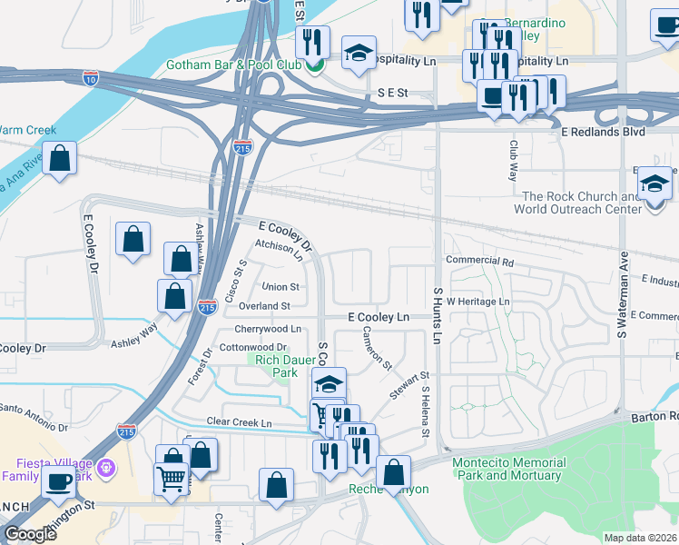map of restaurants, bars, coffee shops, grocery stores, and more near 805 Saddlewood Street in Colton