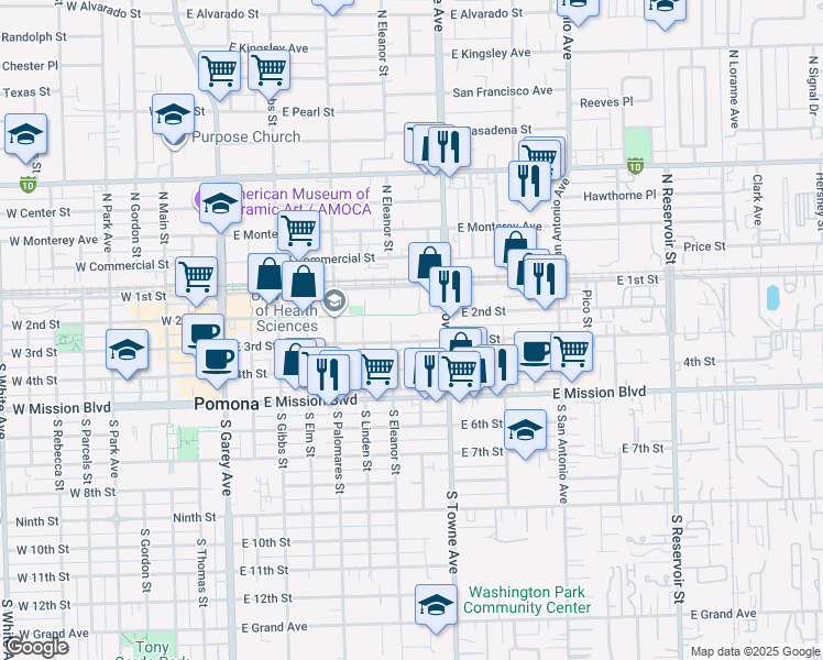 map of restaurants, bars, coffee shops, grocery stores, and more near 777 East 3rd Street in Pomona