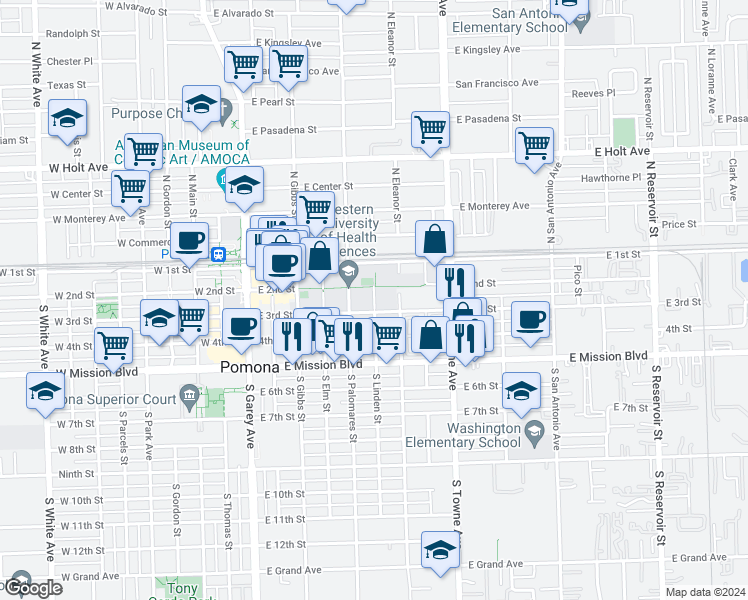 map of restaurants, bars, coffee shops, grocery stores, and more near 615 East 3rd Street in Pomona
