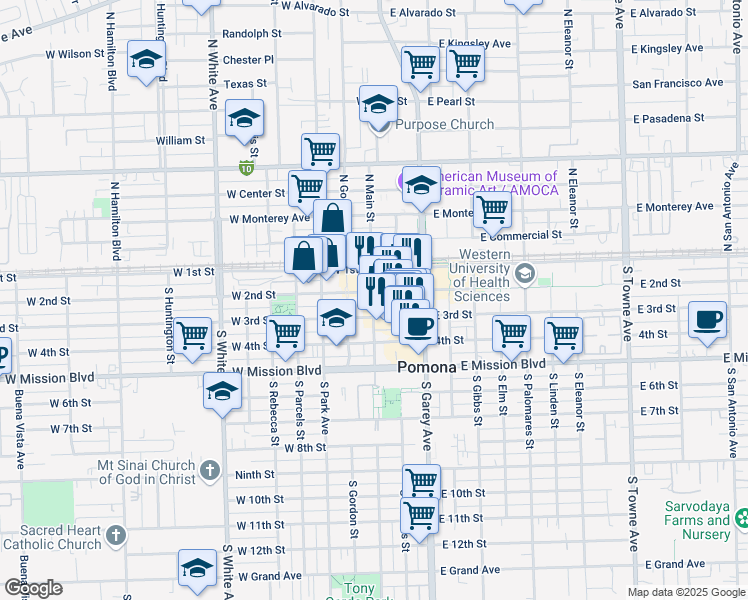 map of restaurants, bars, coffee shops, grocery stores, and more near 354 West 2nd Street in Pomona