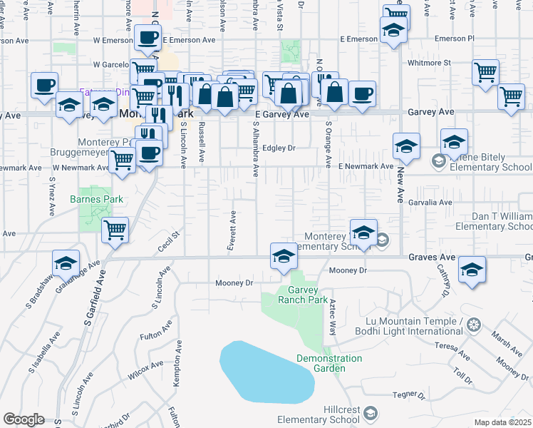 map of restaurants, bars, coffee shops, grocery stores, and more near 418 South Alhambra Avenue in Monterey Park