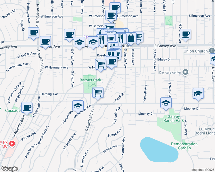map of restaurants, bars, coffee shops, grocery stores, and more near 420 South Garfield Avenue in Monterey Park