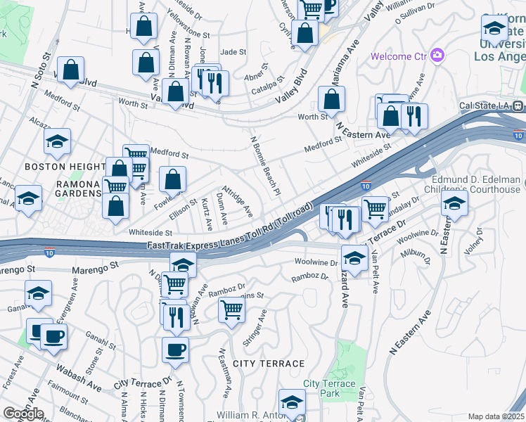 map of restaurants, bars, coffee shops, grocery stores, and more near 3827 Whiteside Street in Los Angeles