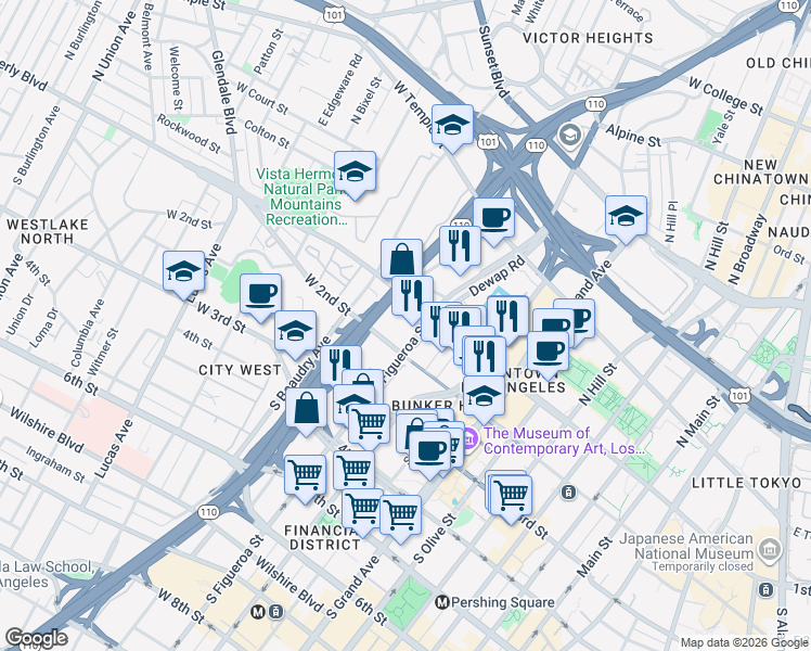 map of restaurants, bars, coffee shops, grocery stores, and more near 160 South Figueroa Street in Los Angeles