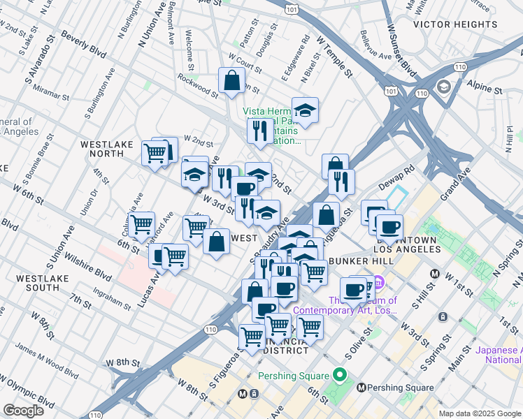 map of restaurants, bars, coffee shops, grocery stores, and more near 1141 Huntley Drive in Los Angeles
