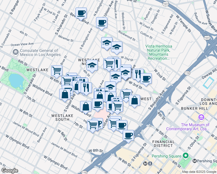 map of restaurants, bars, coffee shops, grocery stores, and more near 417 Witmer Street in Los Angeles
