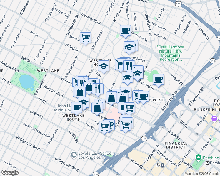 map of restaurants, bars, coffee shops, grocery stores, and more near in Los Angeles