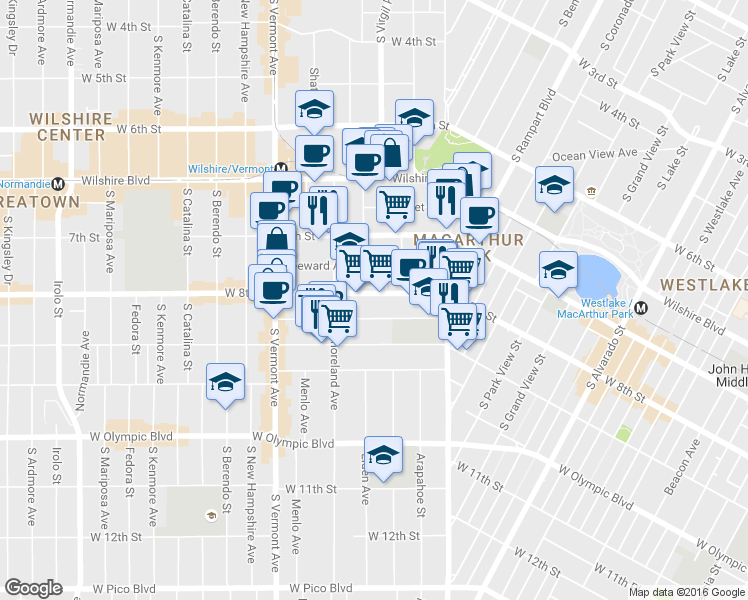 map of restaurants, bars, coffee shops, grocery stores, and more near 2802 West 8th Street in Los Angeles